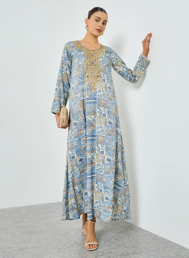 Maxim Creation  Blue Printed Embroidered A-Line Jalabiya for Women | Best Price UAE